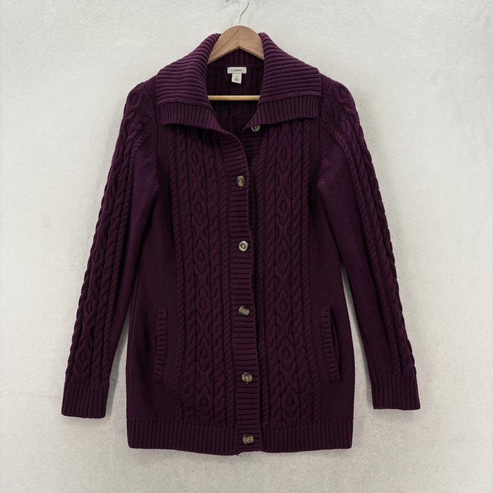 L.L.Bean Fisherman Cardigan Sweater Womens Small Purple Cotton Cable Knit Collar